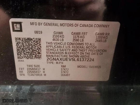 2020 Chevrolet Equinox LT with VIN 2GNAXUEV5L6137224, listed as a Copart auction lot 50930575 with 41,693 mi miles and Salvage Title. Bid and sale history available at carsss.com. Image 14.