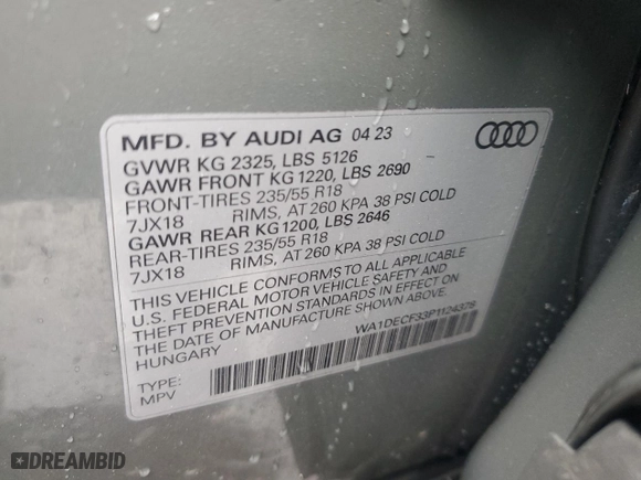 2023 Audi Q3 S line Premium with VIN WA1DECF33P1124378, listed as a Copart auction lot 50222965 with 37,618 mi miles and Salvage Title. Bid and sale history available at carsss.com. Image 13.
