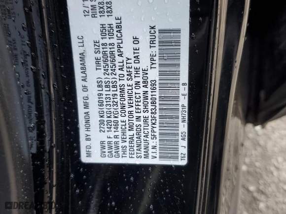 2018 Honda Ridgeline Black Edition with VIN 5FPYK3F83JB011693, listed as a Copart auction lot 86871494 with 59,047 mi miles and Salvage Title. Bid and sale history available at carsss.com. Image 12.