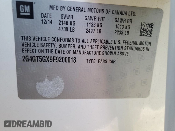 2015 Buick Regal GS with VIN 2G4GT5GX9F9200018, listed as a Copart auction lot 61553874 with 114,221 mi miles and Salvage Title. Bid and sale history available at DreamBid. Image 14.