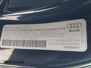 2012 Audi S5 Premium Plus z VIN WAUCGAFH4CN004360, wystawiony jako IAAI lot #41742130 z przebiegiem 106 929 mil mil oraz . Historia ofert i sprzedaży dostępna na DreamBid. Obrazek 9.