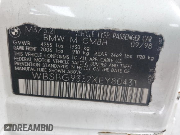 1999 BMW 3 Series M3 with VIN WBSBG9332XEY80431, listed as a Copart auction lot 45370495 with 146,595 mi miles and Salvage Title. Bid and sale history available at carsss.com. Image 13.