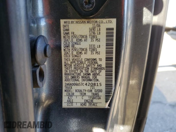 2007 Nissan Frontier SE with VIN 1N6AD06U57C420815, listed as a Copart auction lot 42594925 with 256,851 mi miles and Salvage title. Bid and sale history available at DreamBid. Image 12.