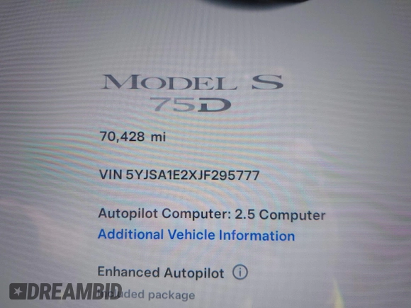 2018 Tesla Model S 75D with VIN 5YJSA1E2XJF295777, listed as a IAAI auction lot 41694540 with 70,428 mi miles and . Bid and sale history available at DreamBid. Image 7.