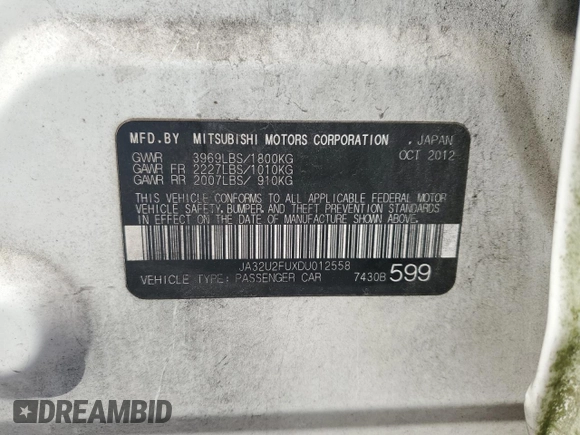 2013 Mitsubishi Lancer ES with VIN JA32U2FUXDU012558, listed as a Copart auction lot 77577504 with 47,841 mi miles and Salvage Title. Bid and sale history available at DreamBid. Image 12.