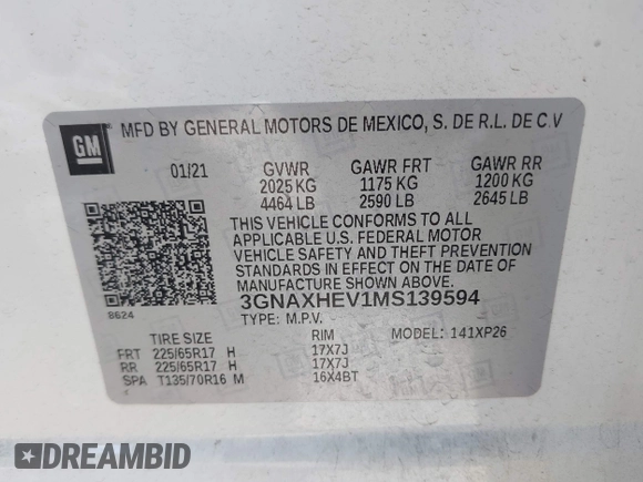 2021 Chevrolet Equinox LS z VIN 3GNAXHEV1MS139594, wystawiony jako IAAI lot #42249614 z przebiegiem 81 414 mil mil oraz . Historia ofert i sprzedaży dostępna na DreamBid. Obrazek 9.