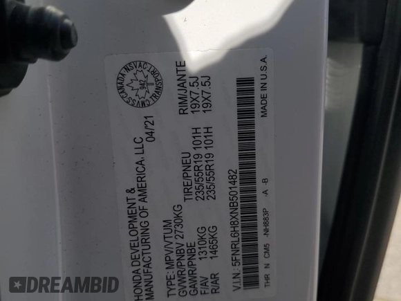 2022 Honda Odyssey Touring with VIN 5FNRL6H8XNB501482, listed as a Copart auction lot 52148875 with 32,568 mi miles and Salvage title. Bid and sale history available at DreamBid. Image 12.