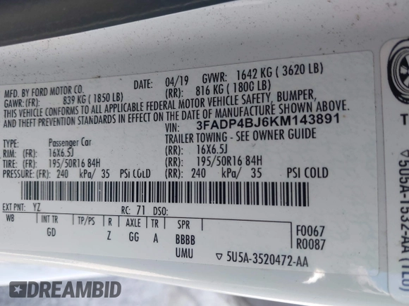 2019 Ford Fiesta SE z VIN 3FADP4BJ6KM143891, wystawiony jako IAAI lot #42244796 z przebiegiem 62 143 mil mil oraz . Historia ofert i sprzedaży dostępna na DreamBid. Obrazek 9.