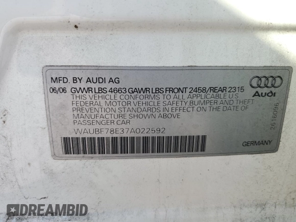 2007 Audi A4 2.0T with VIN WAUBF78E37A022592, listed as a Copart auction lot 75480544 with 122,605 mi miles and Salvage Title. Bid and sale history available at carsss.com. Image 12.