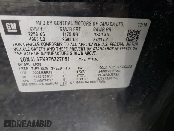 2015 Chevrolet Equinox LS with VIN 2GNALAEK9F6227061, listed as a Copart auction lot 45918315 with 178,084 mi miles and Salvage Title. Bid and sale history available at DreamBid. Image 13.