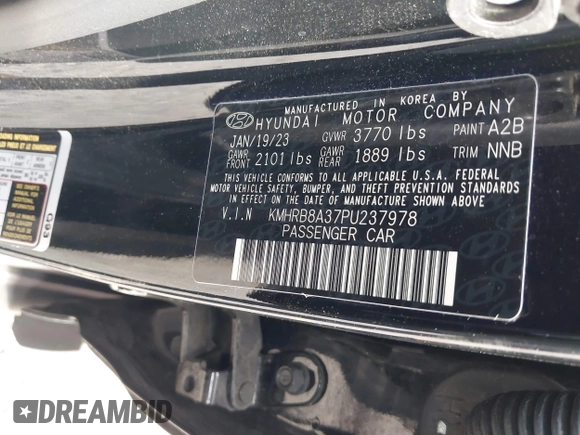 2023 Hyundai Venue SE with VIN KMHRB8A37PU237978, listed as a IAAI auction lot 41814075 with 22,489 mi miles and . Bid and sale history available at DreamBid. Image 9.