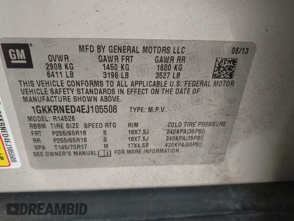 2014 GMC Acadia SLE with VIN 1GKKRNED4EJ105508, listed as a IAAI auction lot 42042316 with 112,109 mi miles and . Bid and sale history available at DreamBid. Image 9.