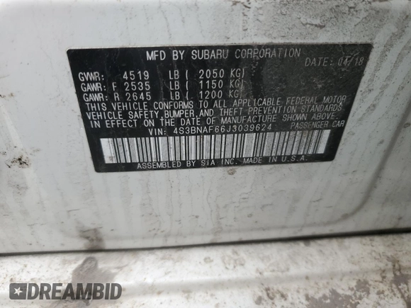 2018 Subaru Legacy Premium with VIN 4S3BNAF66J3039624, listed as a Copart auction lot 48826575 with 120,977 mi miles and Salvage Title. Bid and sale history available at carsss.com. Image 10.