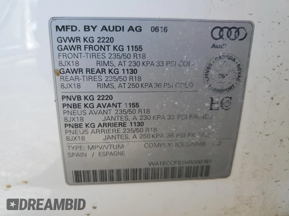 2017 Audi Q3 Premium z VIN WA1ECCFS1HR000761, wystawiony jako Copart lot #49047005 z przebiegiem 85 152 mil mil oraz Szkody całkowita. Historia ofert i sprzedaży dostępna na DreamBid. Obrazek 14.