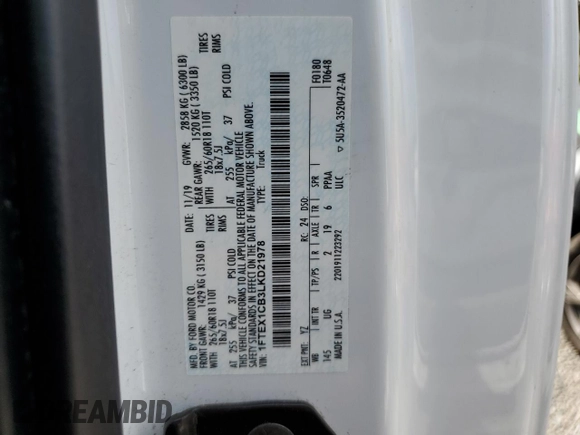 2020 Ford F-150 XL with VIN 1FTEX1CB3LKD21978, listed as a Copart auction lot 53981175 with 220,020 mi miles and Salvage Title. Bid and sale history available at DreamBid. Image 12.