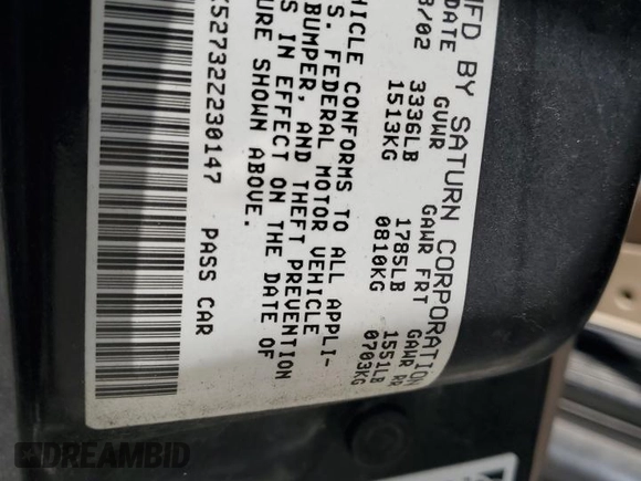 2002 Saturn SL с VIN 1G8ZK52732Z230147, выставлен на аукционе Copart как лот 57053055 с пробегом 168 612 миль миль и Чистый • Clean title. История ставок и продаж доступна на DreamBid. Изображение 12.