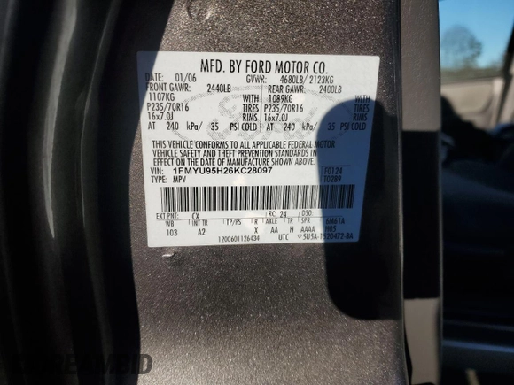 2006 Ford Escape с VIN 1FMYU95H26KC28097, выставлен на аукционе Copart как лот 80788354 с пробегом 121 471 миль миль и Чистый • Clean title. История ставок и продаж доступна на DreamBid. Изображение 13.