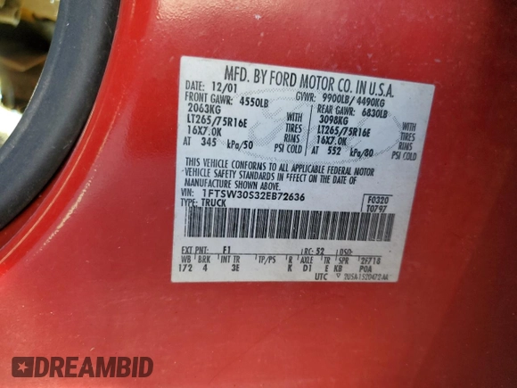 2002 Ford F-350 XL with VIN 1FTSW30S32EB72636, listed as a Copart auction lot 75028534 with 333,313 mi miles and Salvage Title. Bid and sale history available at DreamBid. Image 10.