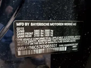 2015 BMW 7 Series 750i xDrive with VIN WBAYB6C57FD965931, listed as a Copart auction lot 44422205 with 100,702 mi miles and Salvage title. Bid and sale history available at DreamBid. Image 12.
