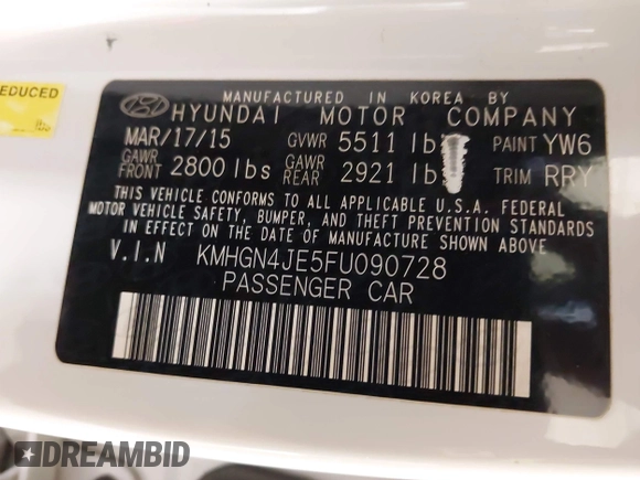 2015 Hyundai Genesis 3.8L with VIN KMHGN4JE5FU090728, listed as a IAAI auction lot 42031915 with 156,755 mi miles. Bid and sale history available at carsss.com. Image 9.