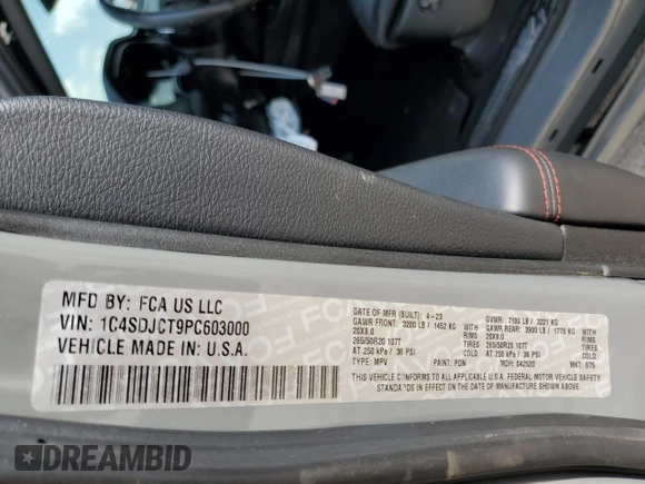 2023 Dodge Durango R/T Plus z VIN 1C4SDJCT9PC603000, wystawiony jako Copart lot #55408475 z przebiegiem 60 287 mil mil oraz Nie do naprawy • Non repairable. Historia ofert i sprzedaży dostępna na DreamBid. Obrazek 13.