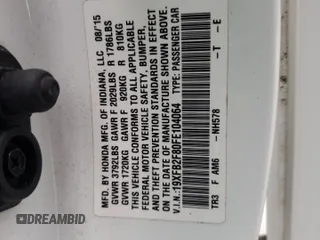 2015 Honda Civic EX z VIN 19XFB2F80FE104064, wystawiony jako Copart lot #55787925 z przebiegiem 46 166 mil mil oraz Szkoda całkowita • Salvage title. Historia ofert i sprzedaży dostępna na DreamBid. Obrazek 12.