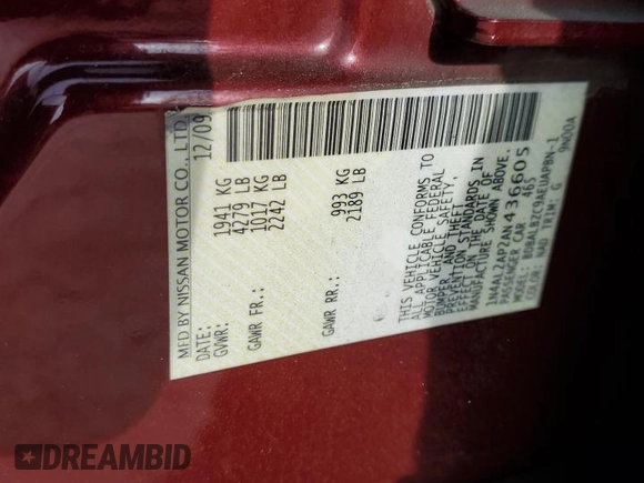 2010 Nissan Altima SL z VIN 1N4AL2AP2AN436605, wystawiony jako Copart lot #55943935 z przebiegiem 57 382 mil mil oraz Szkoda całkowita • Salvage title. Historia ofert i sprzedaży dostępna na DreamBid. Obrazek 12.