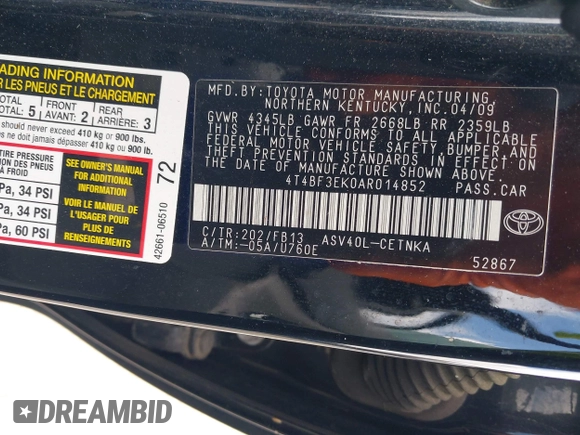 2010 Toyota Camry with VIN 4T4BF3EK0AR014852, listed as a IAAI auction lot 42084408 with 239,751 mi miles and . Bid and sale history available at DreamBid. Image 9.