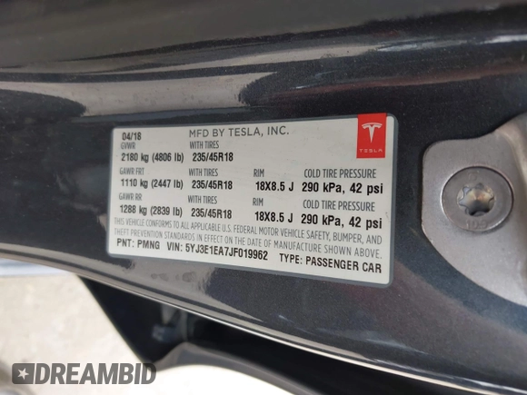 2018 Tesla Model 3 Long Range Battery with VIN 5YJ3E1EA7JF019962, listed as a IAAI auction lot 42024190 with 161,473 mi miles and . Bid and sale history available at DreamBid. Image 9.