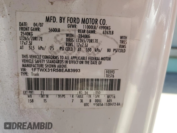 2008 Ford F-350 XL with VIN 1FTWX31R58EA83993, listed as a Copart auction lot 52404675 with 117,443 mi miles and Clean Title. Bid and sale history available at DreamBid. Image 12.