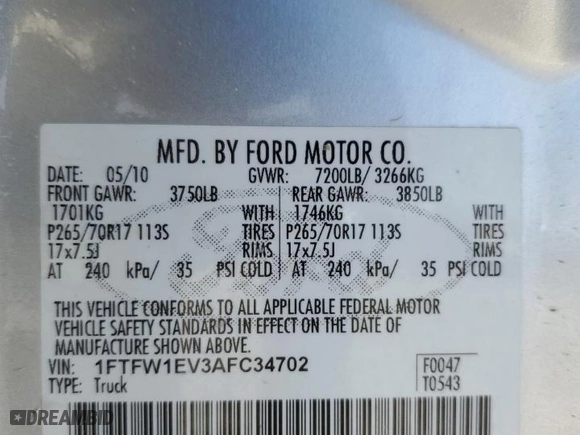 2010 Ford F-150 XL with VIN 1FTFW1EV3AFC34702, listed as a Copart auction lot 45948365 with 218,170 mi miles and Salvage Title. Bid and sale history available at carsss.com. Image 12.
