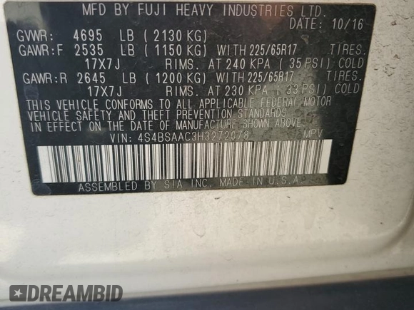 2017 Subaru Outback z VIN 4S4BSAAC3H3272078, wystawiony jako Copart lot #56768745 z przebiegiem 107 143 mil mil oraz Szkoda całkowita • Salvage title. Historia ofert i sprzedaży dostępna na DreamBid. Obrazek 13.