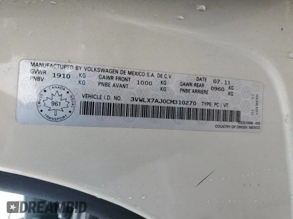 2012 Volkswagen Jetta SEL с VIN 3VWLX7AJ0CM310270, выставлен на аукционе Copart как лот 52650845 с пробегом 121 611 миль миль и Списание • Salvage title. История ставок и продаж доступна на DreamBid. Изображение 13.