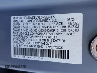 2024 Honda Ridgeline Black Edition with VIN 5FPYK3F84RB012962, listed as a Copart auction lot 84956794 with 5,092 mi miles and Salvage title. Bid and sale history available at DreamBid. Image 12.