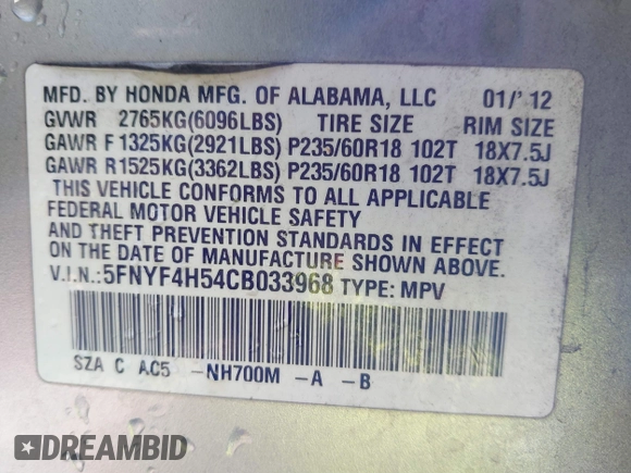 2012 Honda Pilot EX-L with VIN 5FNYF4H54CB033968, listed as a IAAI auction lot 41829628 with 265,486 mi miles and . Bid and sale history available at DreamBid. Image 9.