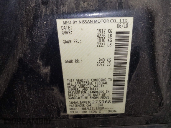 2018 Nissan Altima SR with VIN 1N4AL3AP8JC275968, listed as a IAAI auction lot 41563010 with 160,467 mi miles and . Bid and sale history available at DreamBid. Image 9.