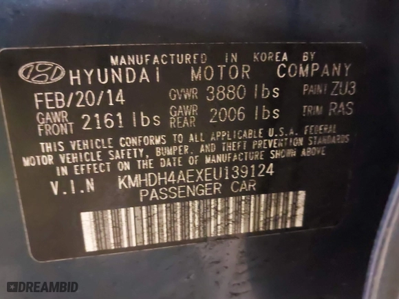 2014 Hyundai Elantra SE with VIN KMHDH4AEXEU139124, listed as a IAAI auction lot 41413290 with 129,352 mi miles. Bid and sale history available at carsss.com. Image 9.