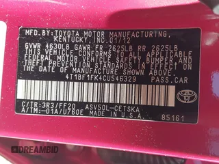 2012 Toyota Camry L with VIN 4T1BF1FK4CU546329, listed as a IAAI auction lot 41787923 with 226,020 mi miles. Bid and sale history available at carsss.com. Image 9.