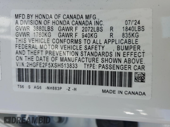 2025 Honda Civic Sport with VIN 2HGFE2F5XSH513833, listed as a Copart auction lot 57674385 with 7 mi miles and Salvage title. Bid and sale history available at DreamBid. Image 13.