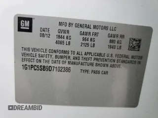 2013 Chevrolet Cruze 1LT with VIN 1G1PC5SB9D7102386, listed as a Copart auction lot 51101535 with 125,987 mi miles and Salvage Title. Bid and sale history available at carsss.com. Image 14.