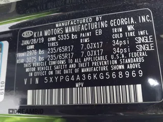 2019 Kia Sorento LX with VIN 5XYPG4A36KG568969, listed as a IAAI auction lot 41922267 with 80,176 mi miles. Bid and sale history available at carsss.com. Image 9.