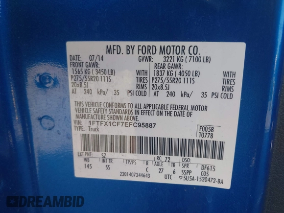 2014 Ford F-150 XL with VIN 1FTFX1CF7EFC95887, listed as a IAAI auction lot 41320393 with 127,535 mi miles. Bid and sale history available at carsss.com. Image 9.