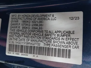 2024 Honda Accord EX with VIN 1HGCY1F39RA027722, listed as a IAAI auction lot 42480196 with 2,748 mi miles and . Bid and sale history available at DreamBid. Image 9.