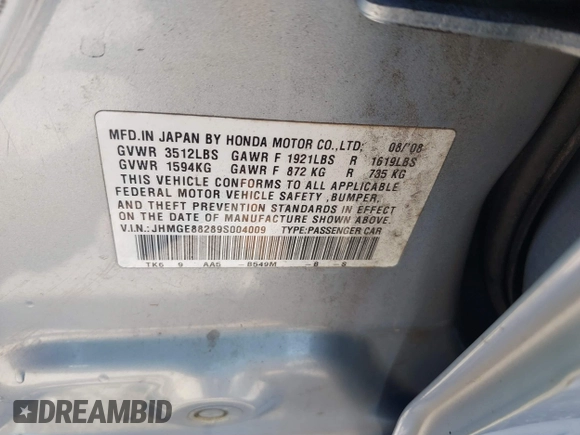 2009 Honda Fit with VIN JHMGE88289S004009, listed as a IAAI auction lot 41803838 with 194,304 mi miles. Bid and sale history available at carsss.com. Image 9.