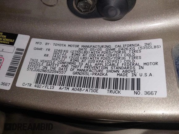 2005 Toyota Tacoma PreRunner z VIN 5TEJU62N65Z094557, wystawiony jako IAAI lot #41990607 z przebiegiem 109 219 mil mil oraz . Historia ofert i sprzedaży dostępna na DreamBid. Obrazek 9.
