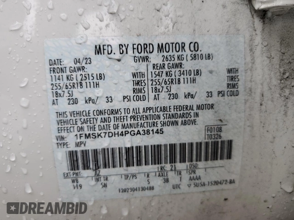 2023 Ford Explorer XLT with VIN 1FMSK7DH4PGA38145, listed as a Copart auction lot 44992815 with 44,351 mi miles and Salvage Title. Bid and sale history available at carsss.com. Image 14.