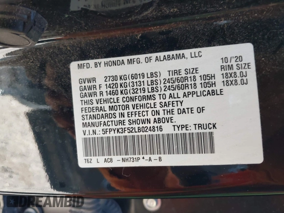 2020 Honda Ridgeline RTL with VIN 5FPYK3F52LB024816, listed as a IAAI auction lot 42103344 with 68,700 mi miles and . Bid and sale history available at DreamBid. Image 9.