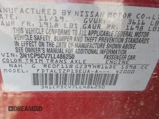 2020 Nissan Kicks SV with VIN 3N1CP5CV7LL486250, listed as a IAAI auction lot 41640578 with 93,191 mi miles and . Bid and sale history available at carsss.com. Image 9.