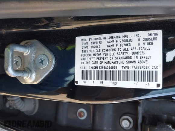 2006 Honda Accord LX с VIN 1HGCM66386A064958, выставлен на аукционе IAAI как лот 41931491 с пробегом 103 237 миль миль и . История ставок и продаж доступна на DreamBid. Изображение 9.