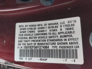 2015 Honda Civic Sedan LX with VIN 19XFB2F56FE274984, listed as a IAAI auction lot 42081778 with 73,882 mi miles. Bid and sale history available at carsss.com. Image 9.